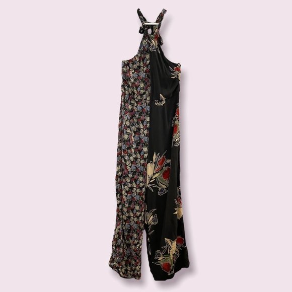 Free People Pants - Free People Dual Print Mixed Media Floral Halter Neck Jumpsuit Black Multi 10